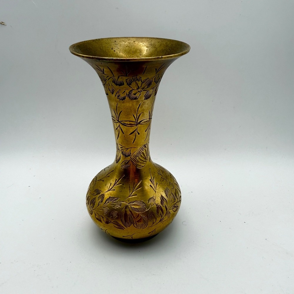 Vintage Etched Brass Vase Floral Design‎ India Decorative Accent Tabletop Decor